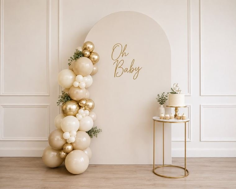 Oh Baby arch backdrop with nude, cream and chrome gold balloons, eucalyptus and a small cake table